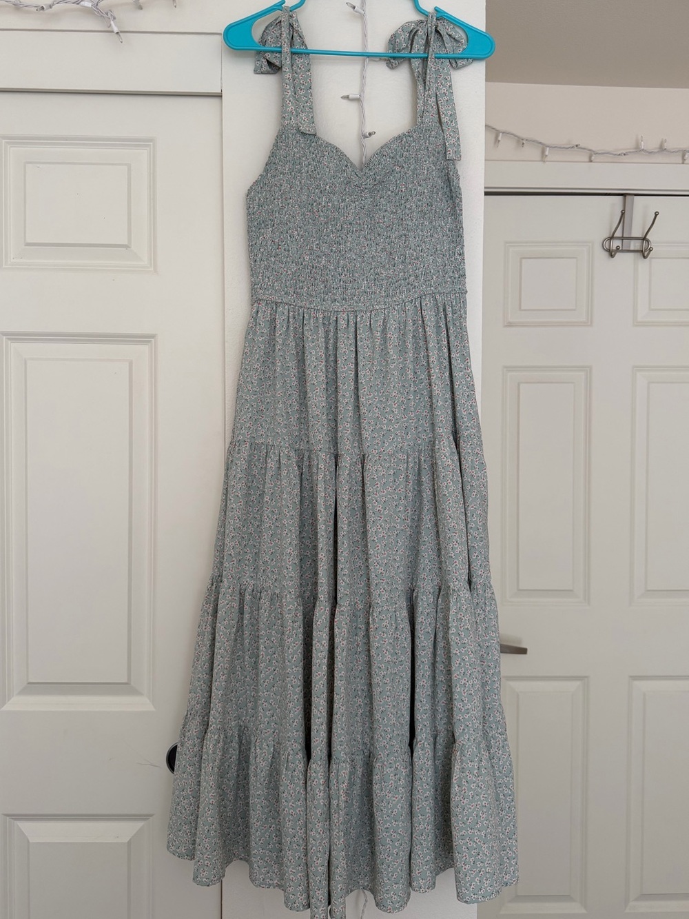Tie-Shoulder Smocked Maxi Dress in Light Mint Floral Print